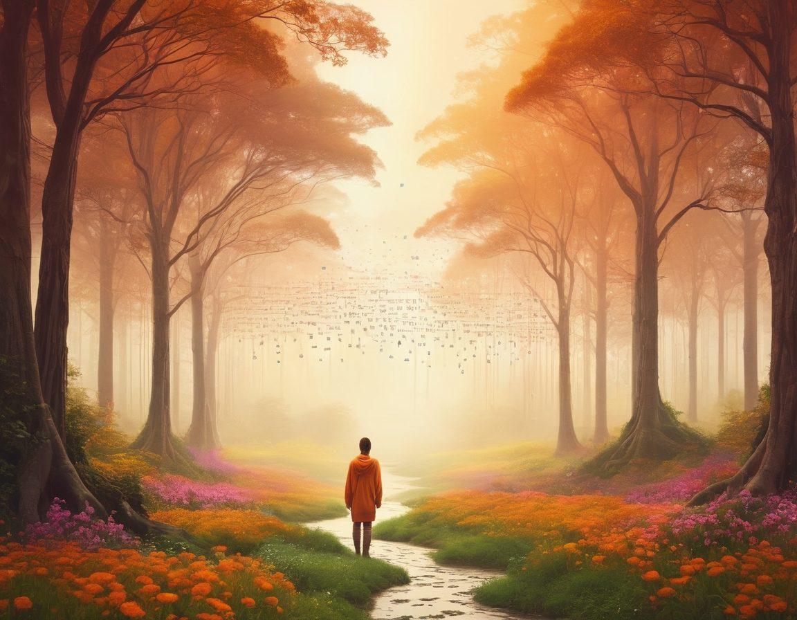 A serene landscape featuring a meditative figure surrounded by flowing digital binary codes transforming into colorful nature elements like trees and flowers, symbolizing the fusion of technology and mindfulness. Include a soft, warm color palette to evoke tranquility, with ethereal lighting filtering through a soft mist. Digital collage style. super-realistic. vibrant colors.