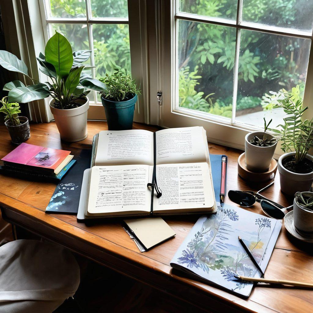 A beautifully crafted online journal interface displayed on a vintage desk, surrounded by art supplies, lush plants, and an open window revealing a serene landscape. The focus should be on the journal, showcasing colorful entries, doodles, and quotes that represent personal growth and creativity. Soft natural light bathes the scene, enhancing the inviting atmosphere. watercolor painting. vibrant colors. cozy ambiance.