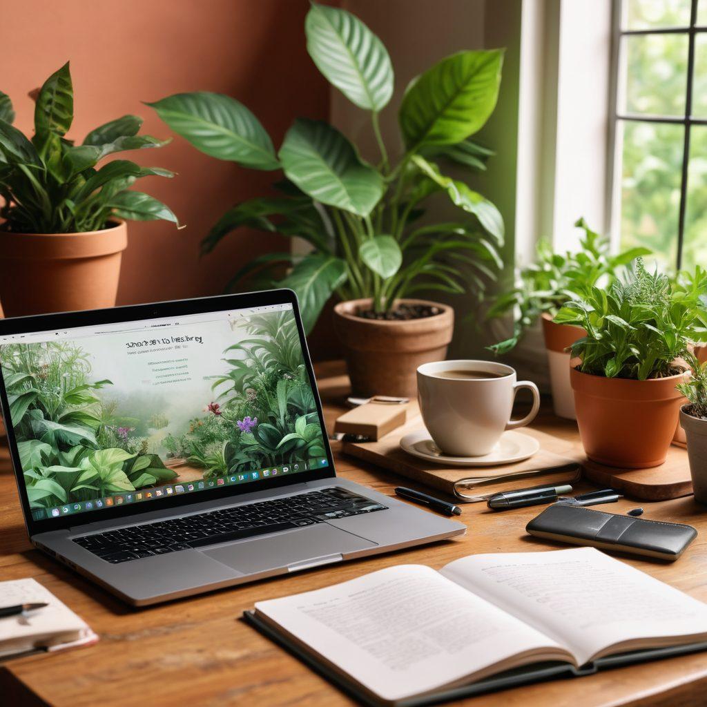 A serene workspace featuring a laptop with an open blog post about digital storytelling, surrounded by plants and motivational quotes. Include elements like a steaming cup of herbal tea, a notebook with sketches, and a soft light illuminating the scene. Capture the essence of mindfulness and creativity in conjunction with personal growth. 3D. vibrant colors. cozy atmosphere.